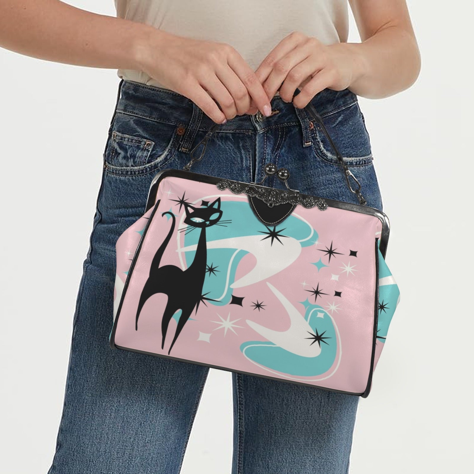 Atomic Pink Aqua Boomerang Kitschy Cat Mod Kisslock Crossbody Purse - Mid Century Modern Gal
