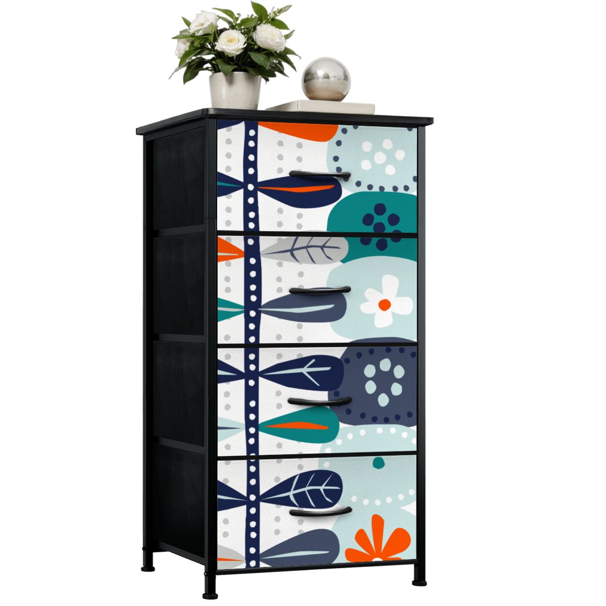 Scandinavian Blue Orange White Teal Modern Danish Floral 4-Drawer Dresser - Mid Century Modern Gal