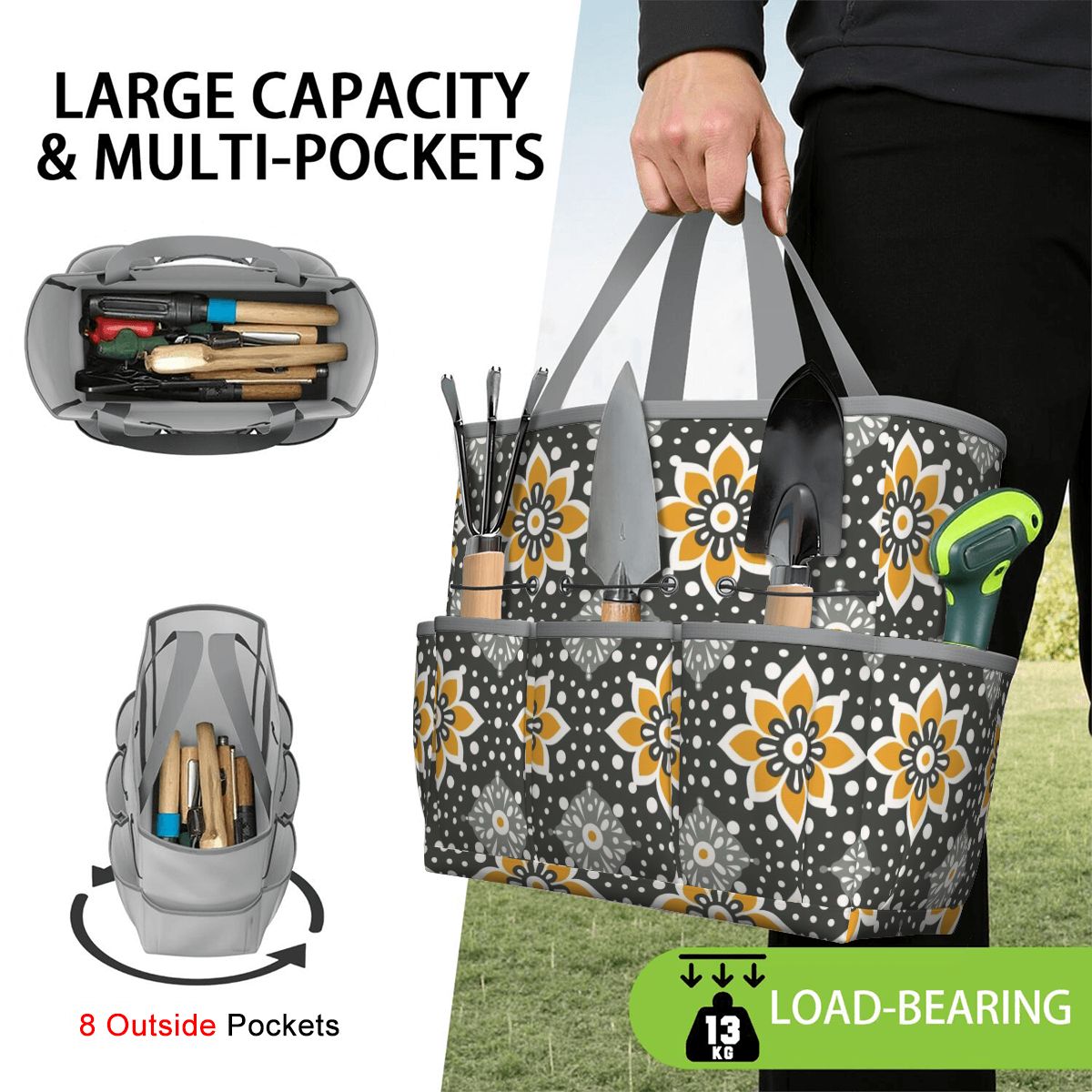 Floral Bohemian Retro Gray Yellow Modern Garden Tool Bag - Mid Century Modern Gal