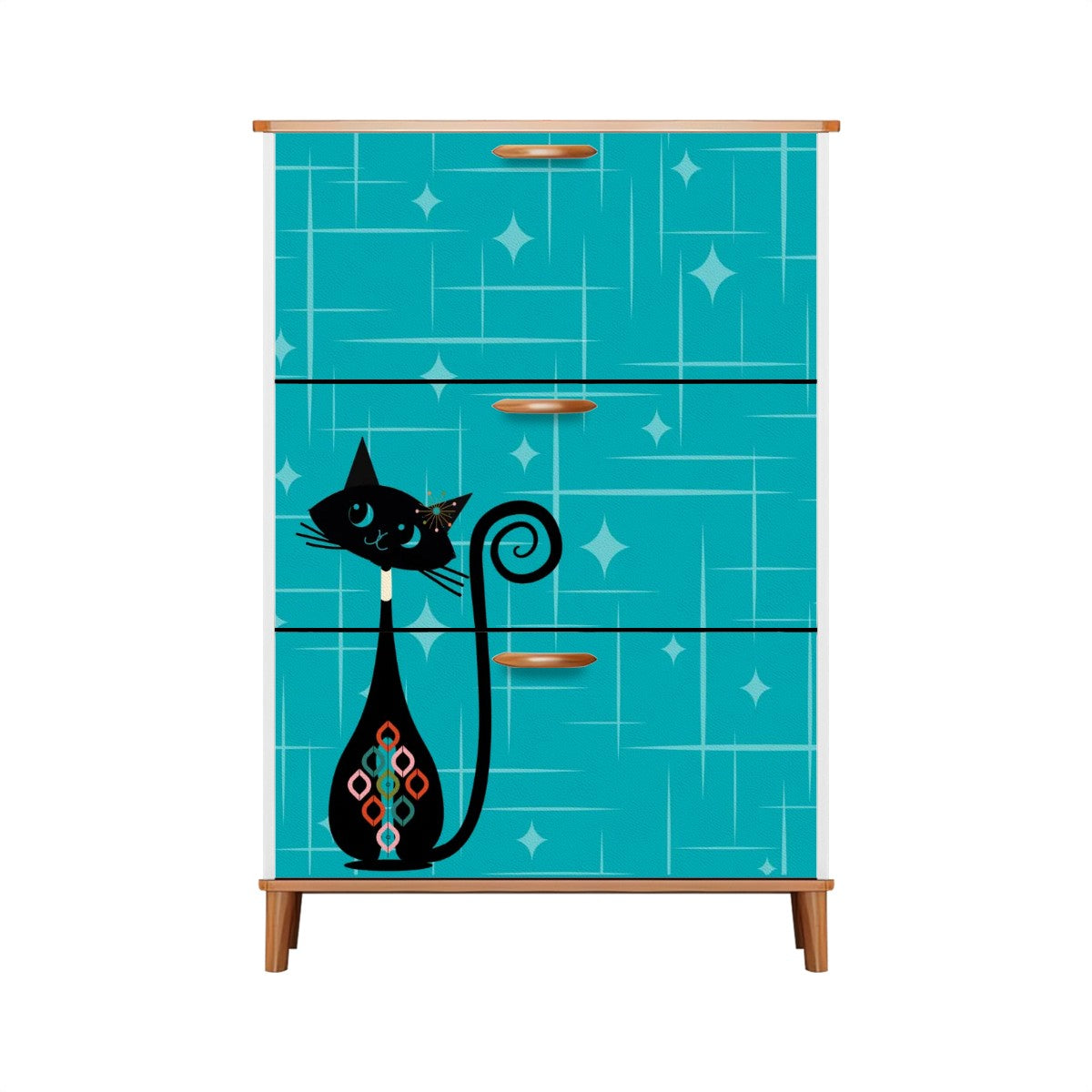 Atomic Kitschy Mod Cat, Teal, Mid Century Modern Shoe Cabinet