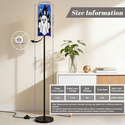 Halloween Stained Glass Style Ghost Haunted House Slim Floor Lamp