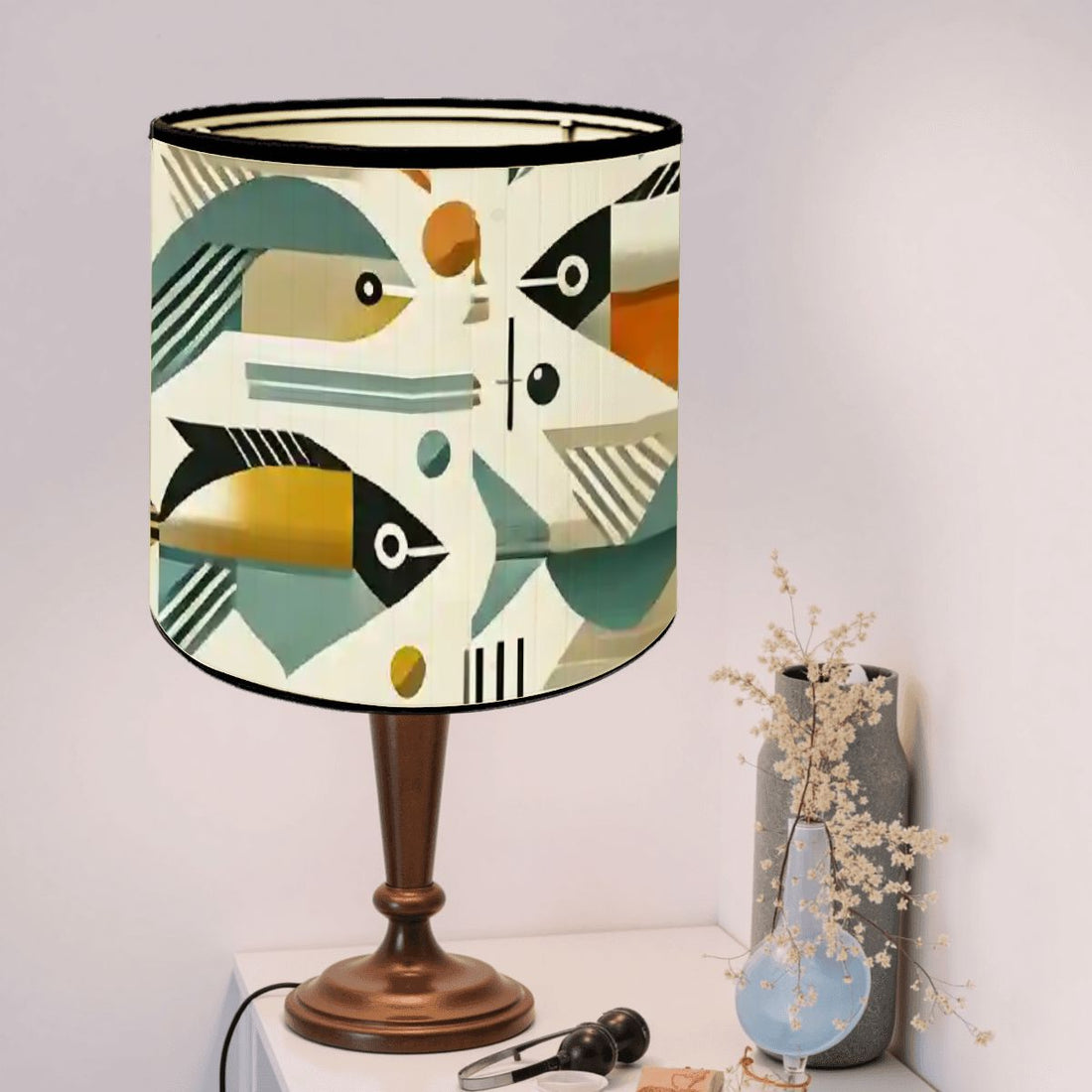 Mid Century Modern Fish Designed Bamboo Drum Lampshade - Mid Century Modern Gal