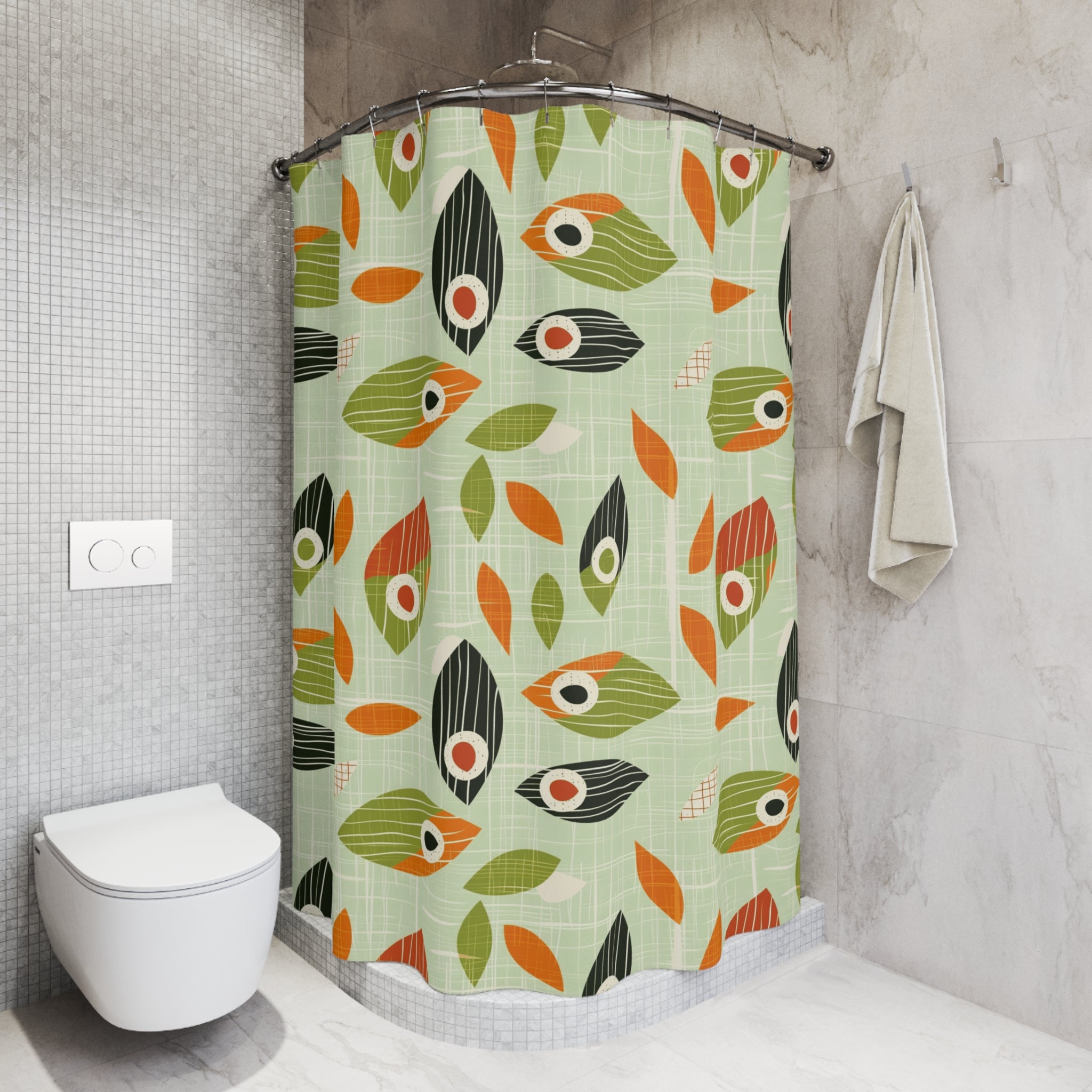 Scandinavian Green Floral Mid Mod Retro Shower Curtain