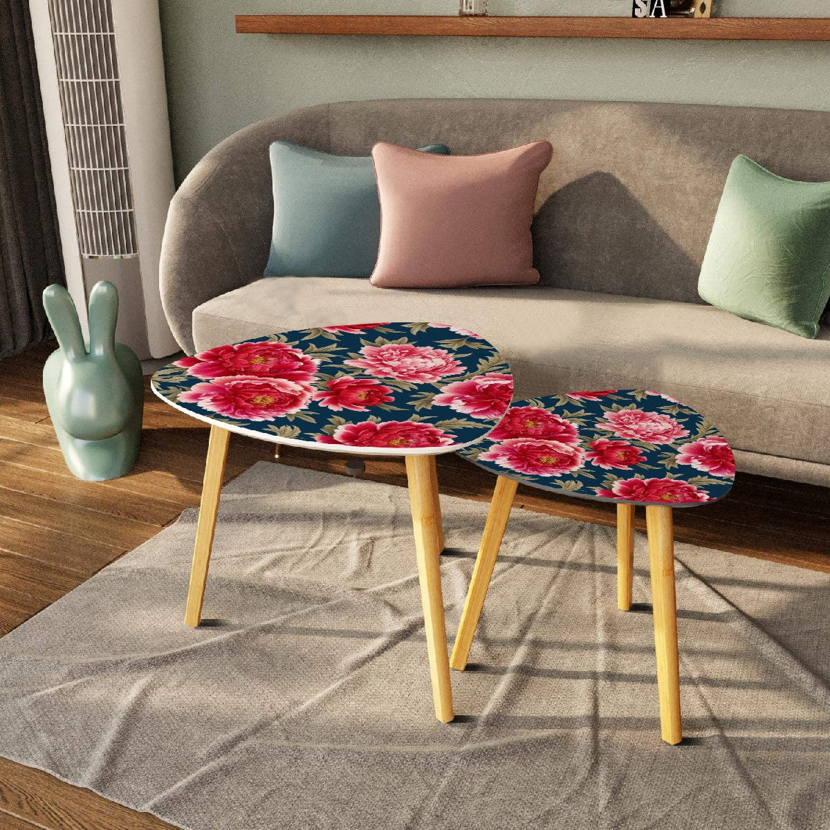 Modern Chinoisierie Royal Blue, Pink Red Floral Nesting Tables - Mid Century Modern Gal