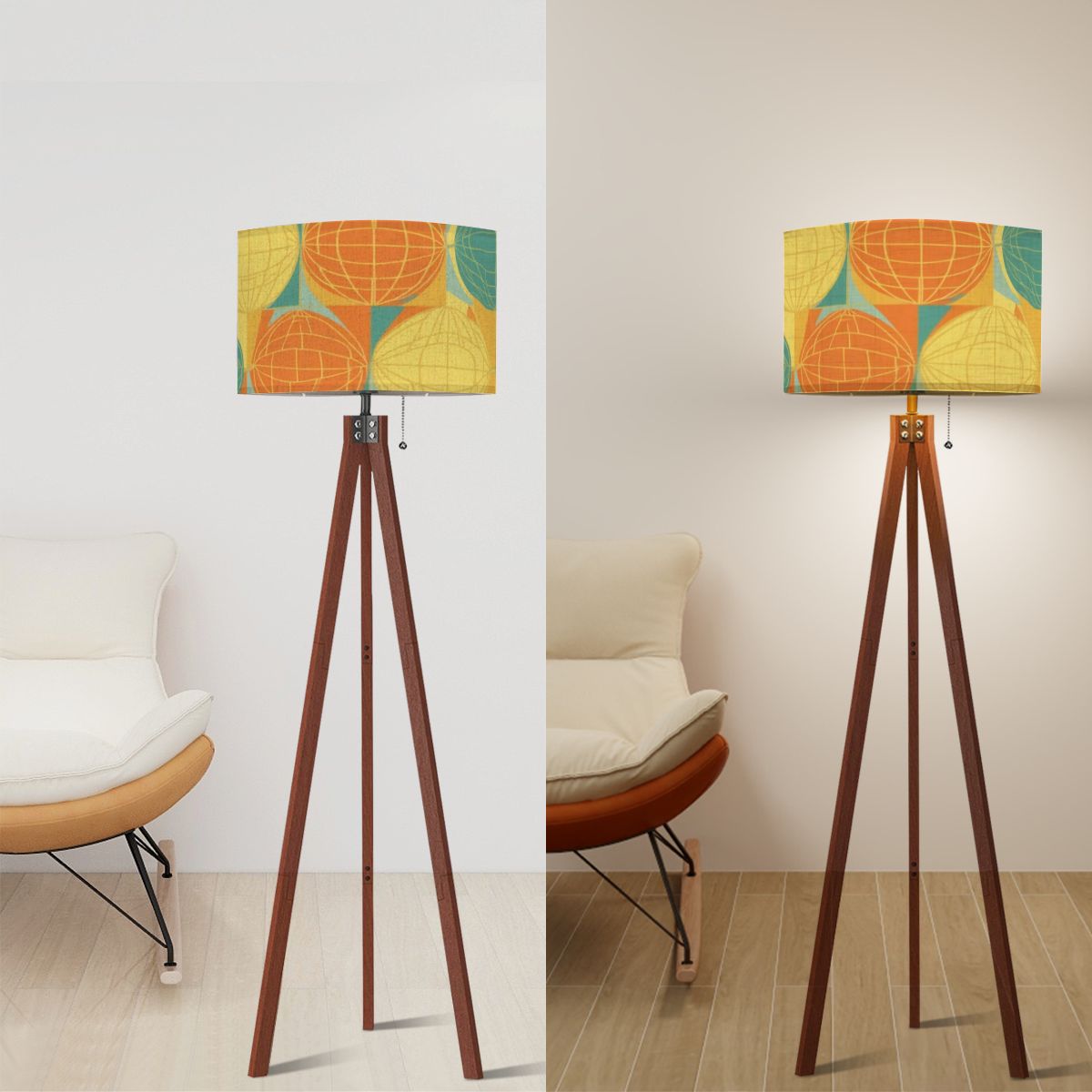 Mid Century Modern Atomic Space Orange, Teal, Yellow Mod Tripod Floor Lamp - Mid Century Modern Gal