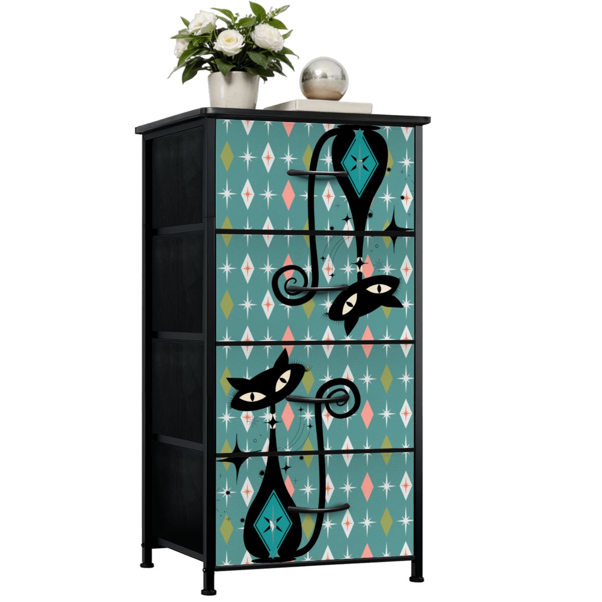 Kitschy Atomic Cat Mid Century Modern Diamonds 4-Drawer Dresser - Mid Century Modern Gal