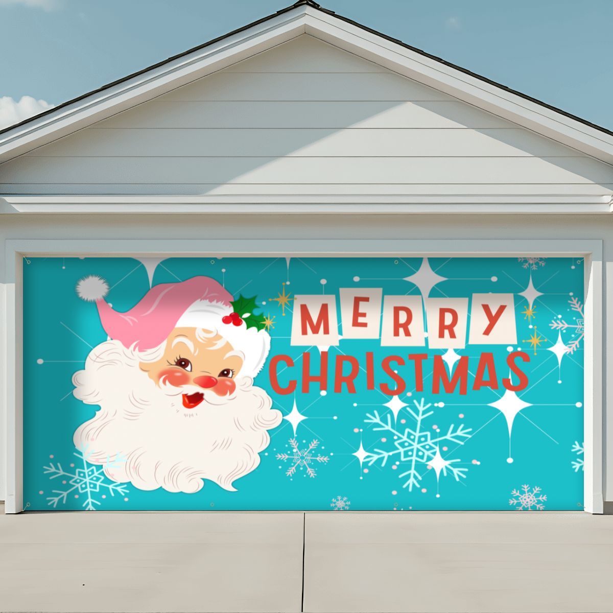 Vintage Santa Mid Century Christmas Aqua Blue Retro Garage Door Banner Backdrop - Mid Century Modern Gal