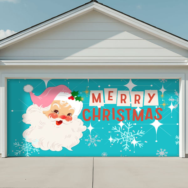 Vintage Santa Mid Century Christmas Aqua Blue Retro Garage Door Banner Backdrop