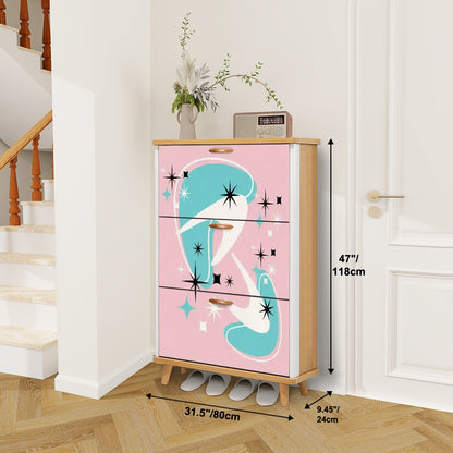 Atomic Starbursts And Boomerangs, Pink Aqua, White Mid Century Modern Shoe Cabinet - Mid Century Modern Gal