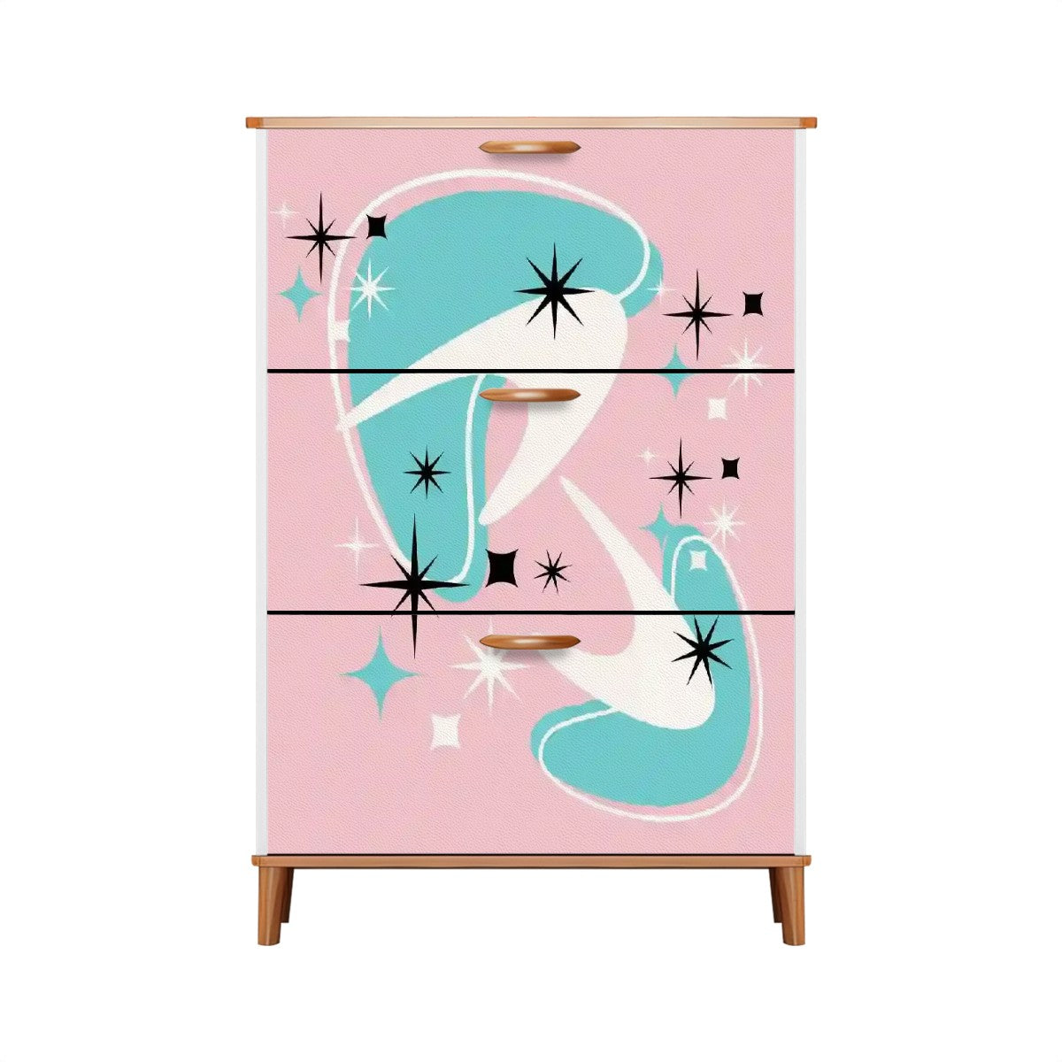 Atomic Starbursts And Boomerangs, Pink Aqua, White Mid Century Modern Shoe Cabinet - Mid Century Modern Gal