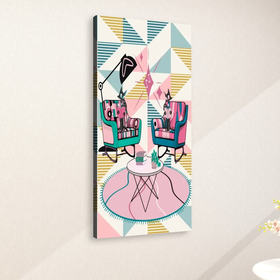 Atomic Reading Cats Art, Mid Century Modern Kitschy Mod Large Canvas Print - Mid Century Modern Gal