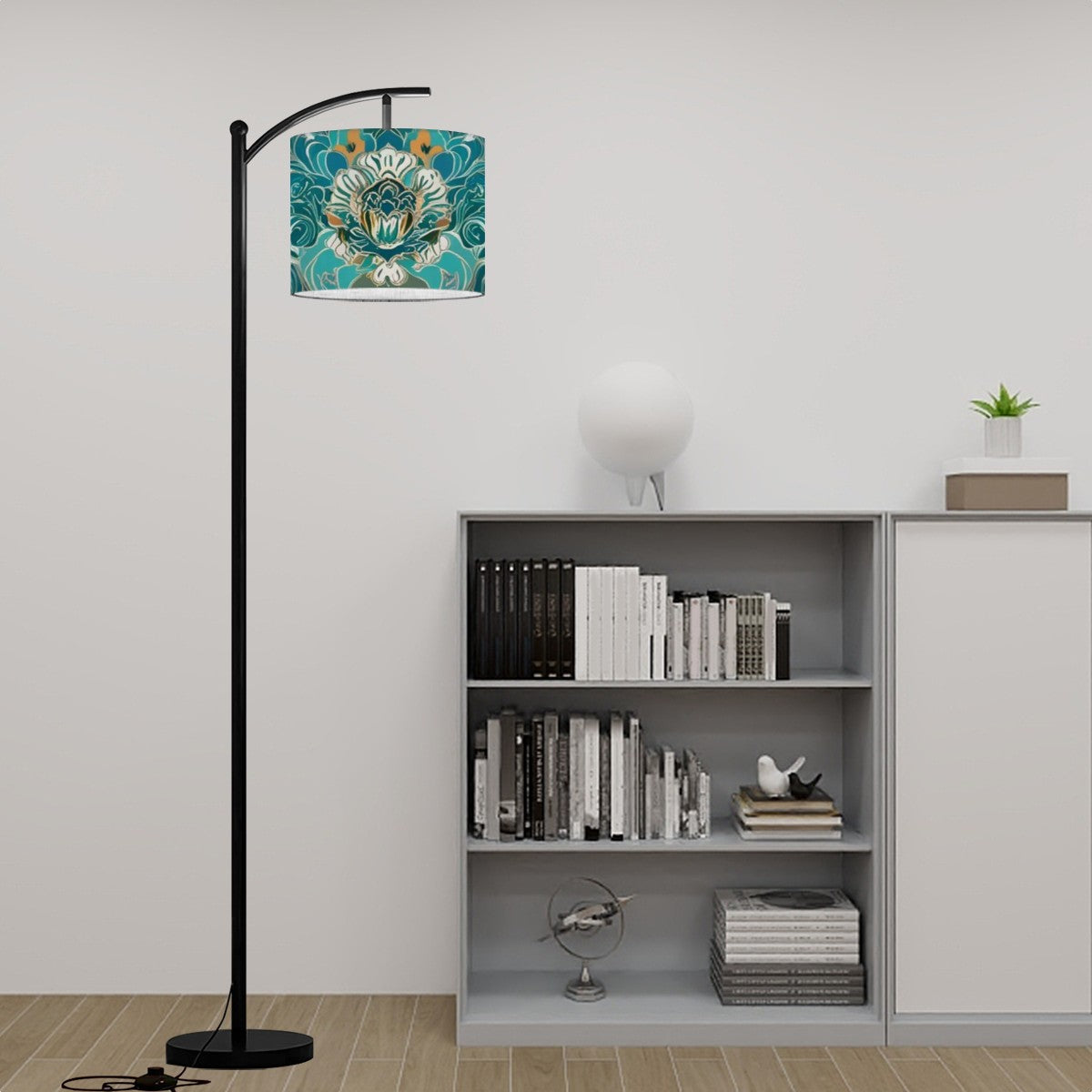 Chinoiserie Floor Lamp, Teal Gold Elegant Floral Arc Modern Floor Lamp - Mid Century Modern Gal
