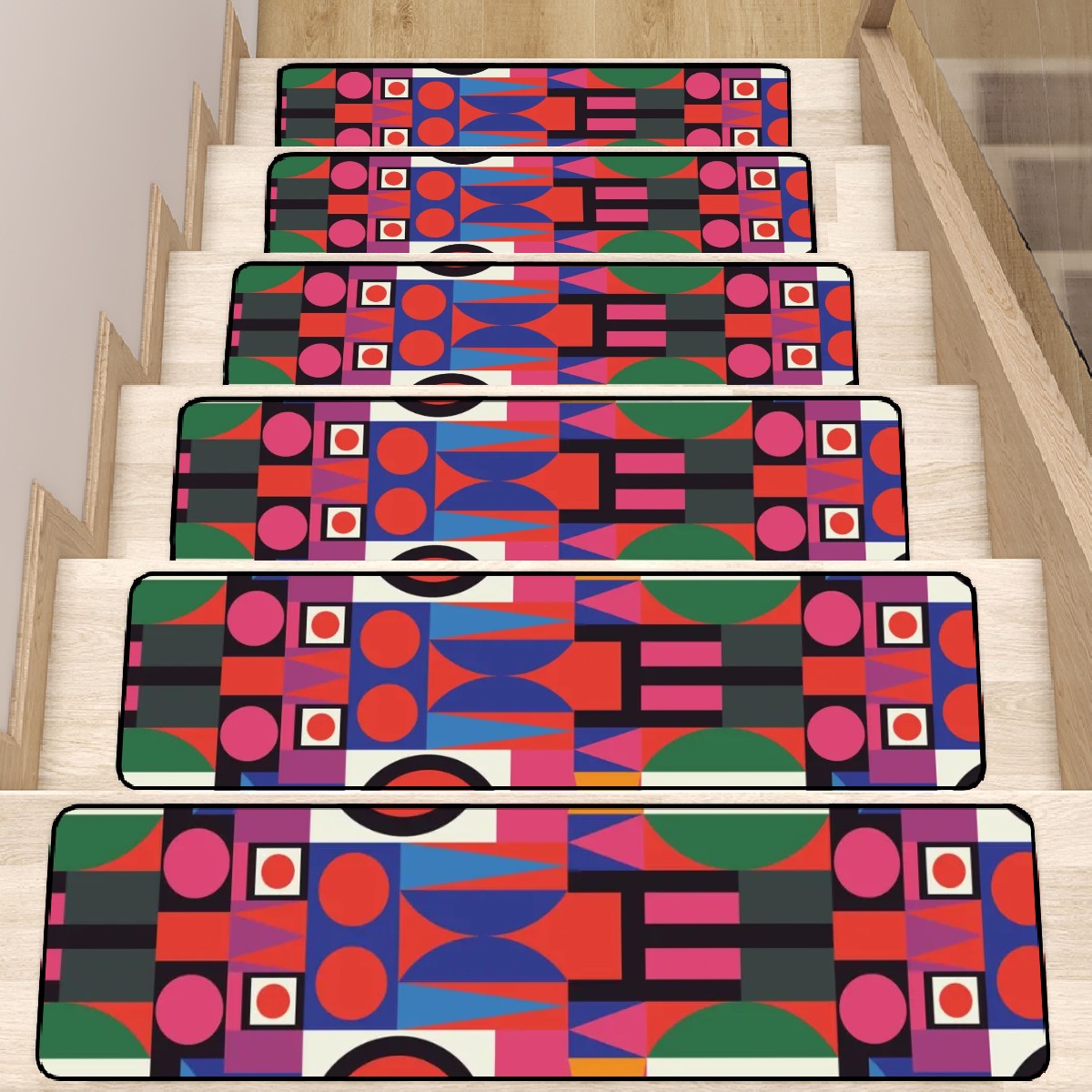 Mid Century Modern Bauhaus Geometric Red, Green Black, Mod Non Slip Carpet for Stairs Treads - Mid Century Modern Gal