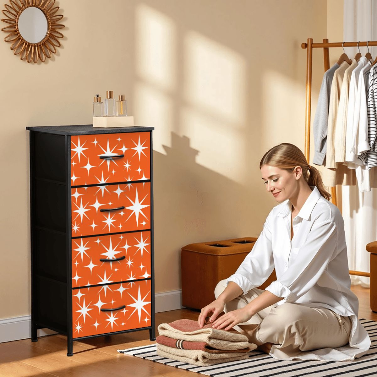 Atomic Starbursts Mid Century Modern Orange Retro 4-Drawer Dresser - Mid Century Modern Gal