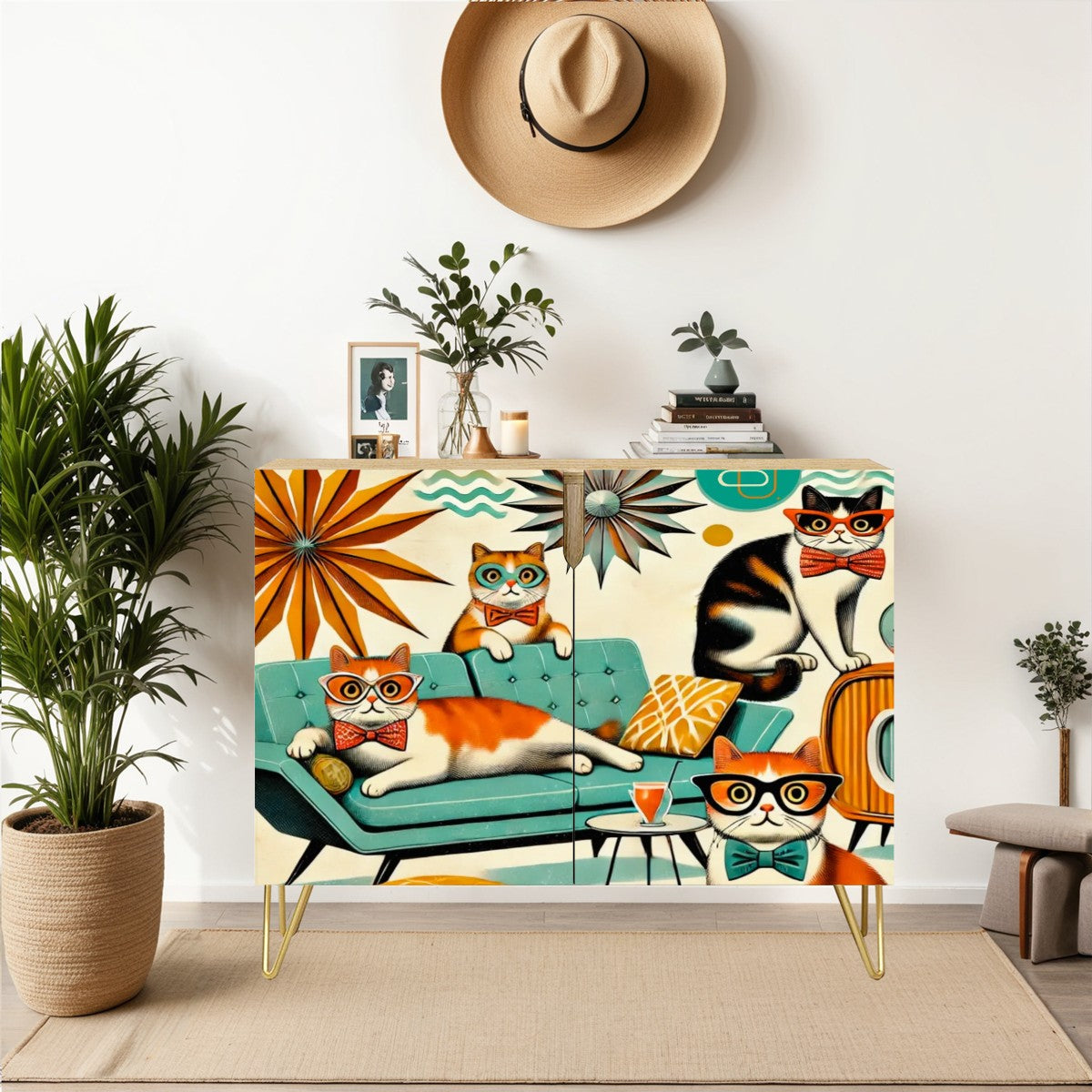 Mid Century Modern Wooden Storage Cabinet, Quirky Cats, Mod Furniture - Mid Century Modern Gal