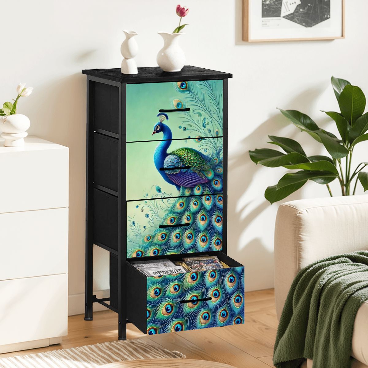 Peacock Watercolor Chinoiserie Designed Blue Green Modern 4-Drawer Dresser - Mid Century Modern Gal