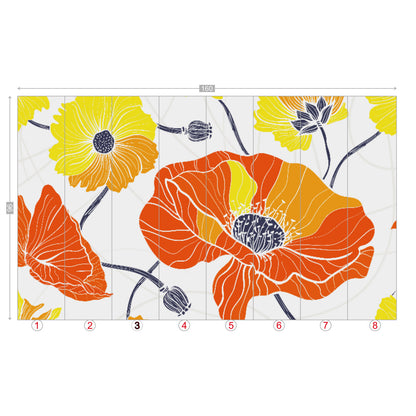 Vintage Poppy Orange Yellow Retro Florals, Mid Century Modern Wall Murals - Mid Century Modern Gal
