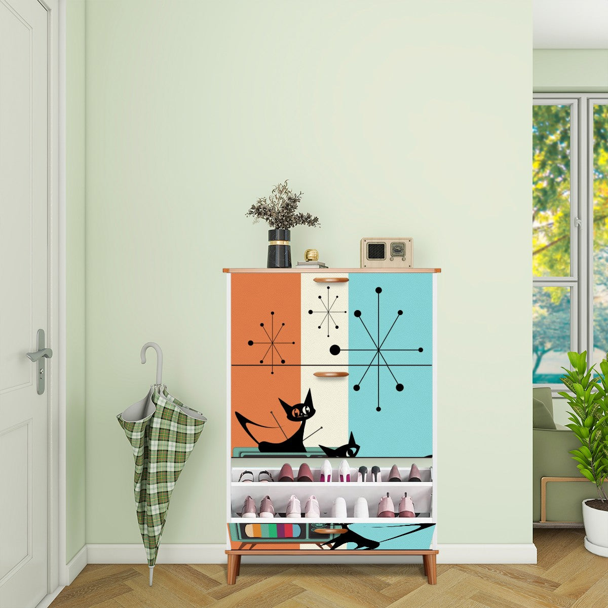 Atomic Cat Mid Century Modern Designed Kitschy Mod Fun Quirky Shoe Cabinet