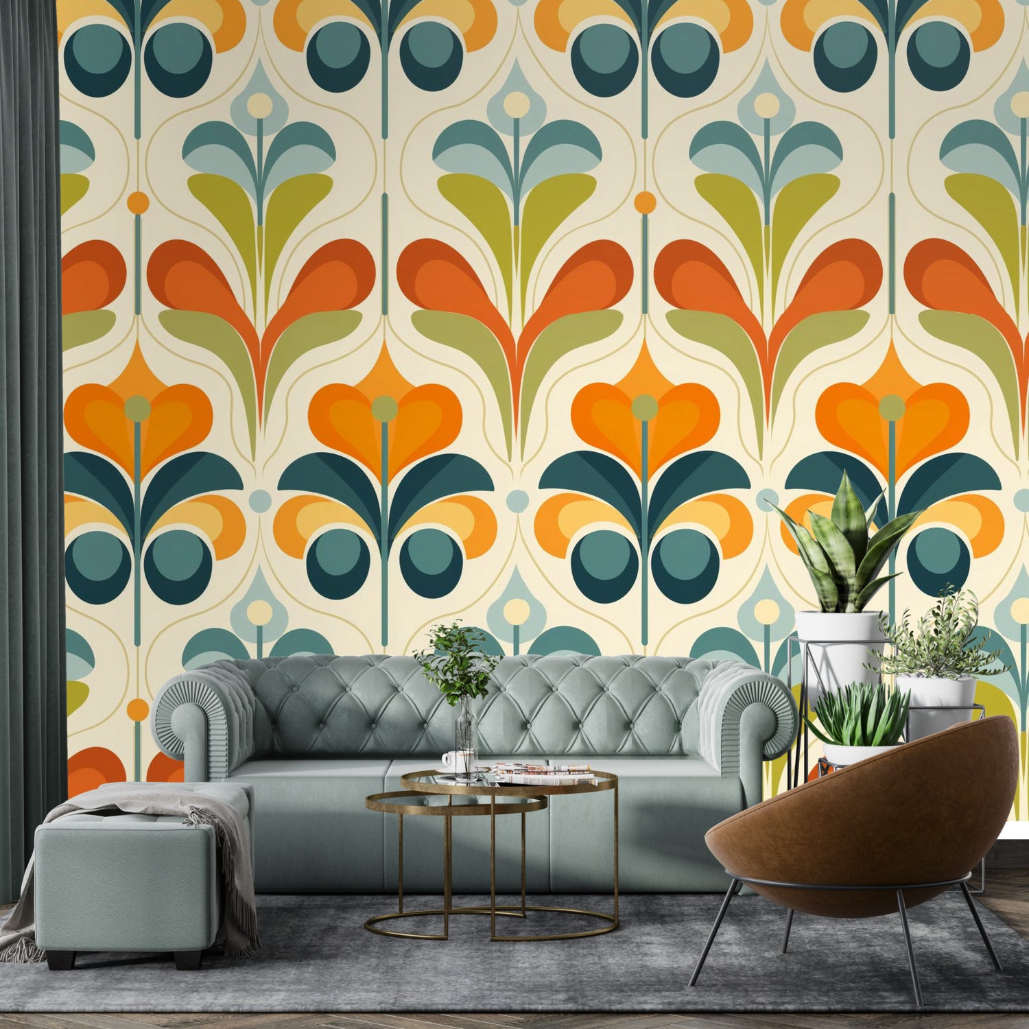 Scandinavian Floral Orange Blue, Green, Mid Mod Peel And Stick Wall Murals - Mid Century Modern Gal