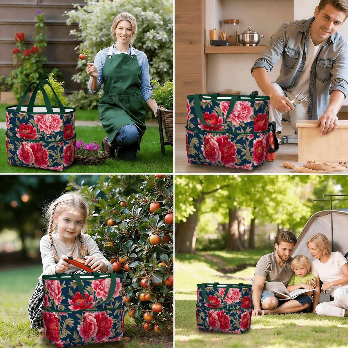 Modern Chinoiserie Royal Blue, Pink Red Floral Garden Tool Bag