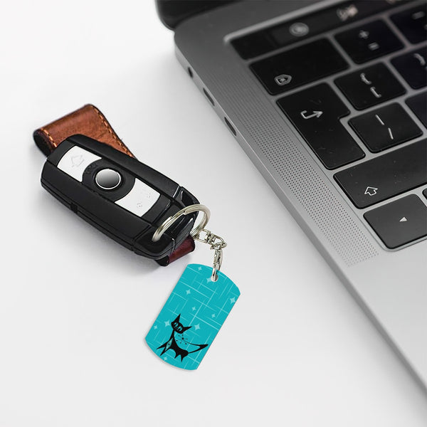 Aqua Blue Starbursts Atomic Kitty Kitschy Cat Mod Rectangular Metal Keychain