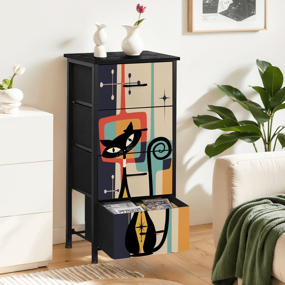 Mid Century Modern Atomic Cat, Mid Mod Geometric Designed 4-Drawer Dresser - Mid Century Modern Gal
