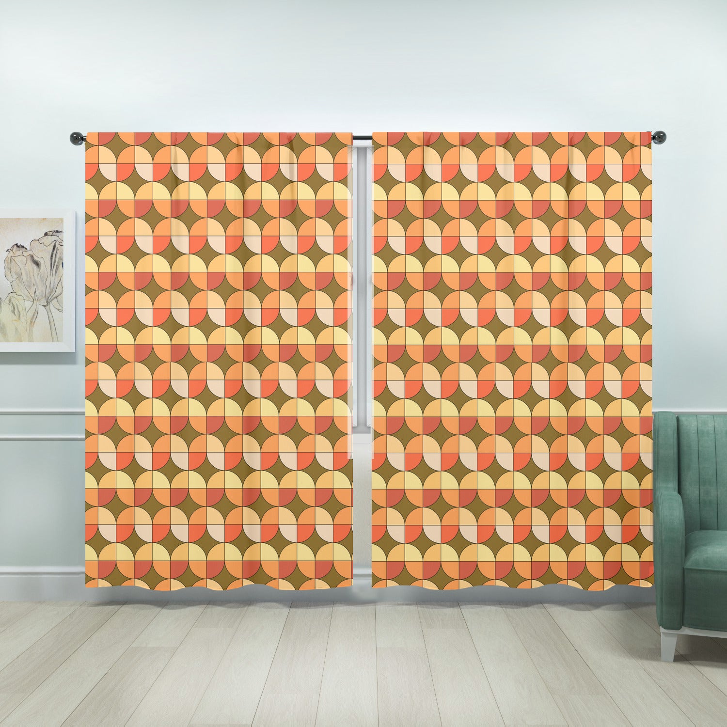 Mid Century Modern Scandinavian Geometric Green, Orange Retro Window Curtains (two panels) - Mid Century Modern Gal