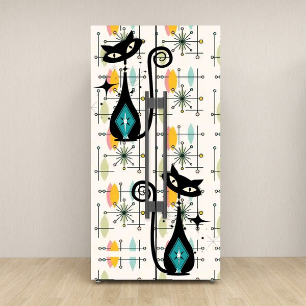 Atomic Cat Mid Century Modern Starburst, Retro Mod Self Adhesive Refrigerator Wrap Set