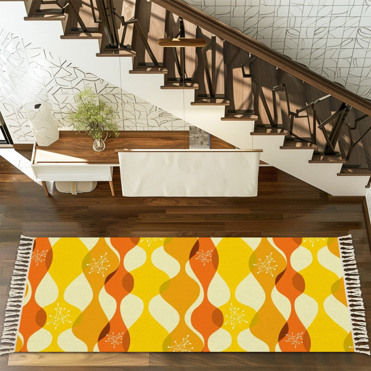 Mid Century Modern Mustard Yellow, Orange Starburst Retro Tassel Rug - Mid Century Modern Gal