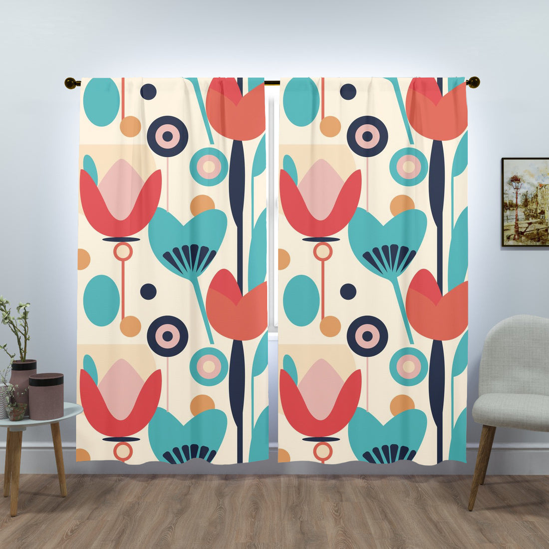 Retro Scandinavian Floral Mid Mod Window Curtains (two panels) - Mid Century Modern Gal