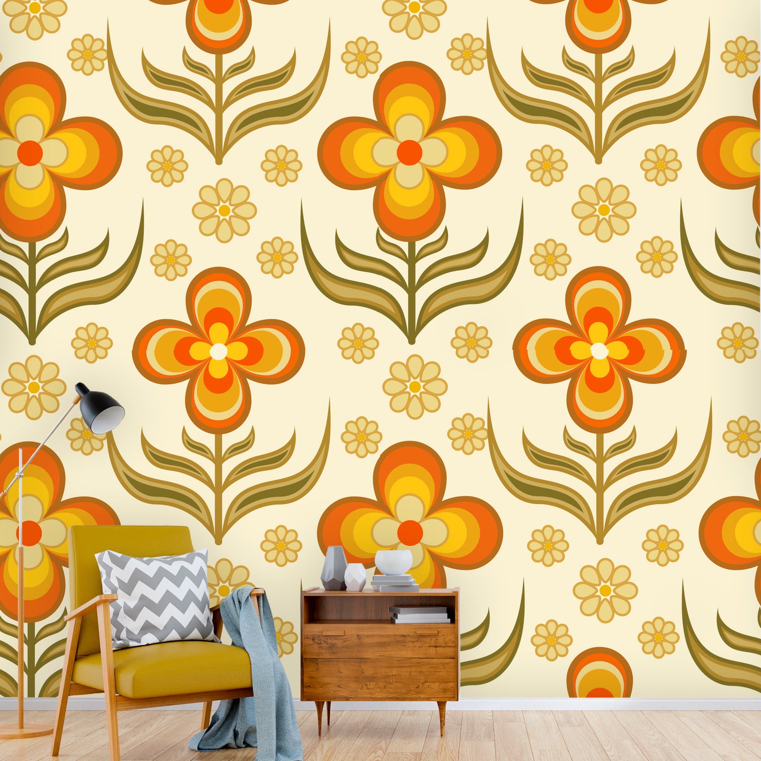 Flower Power, Scandinavian Floral Wallpaper, Peel And Stick Orange, Yellow Green Wall Mural