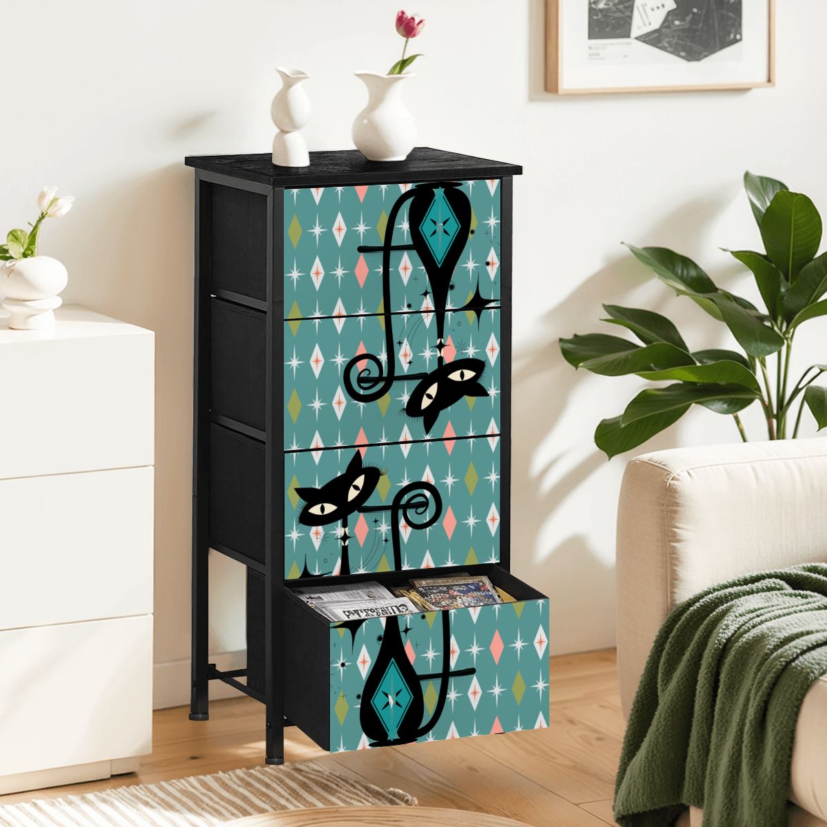 Kitschy Atomic Cat Mid Century Modern Diamonds 4-Drawer Dresser - Mid Century Modern Gal