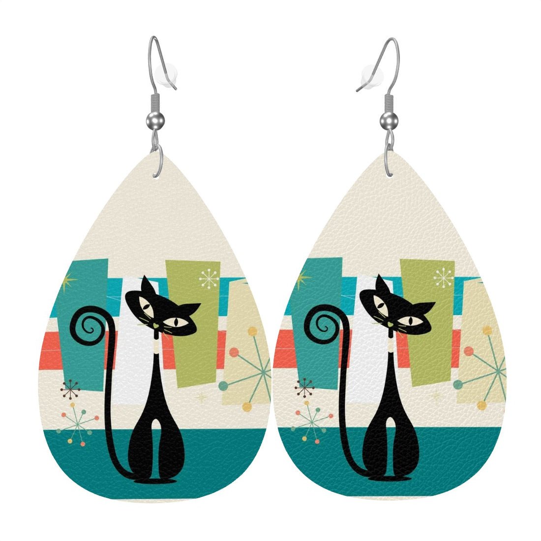 Mid Mod Atomic Kittie Vegan Leather Teardrop Earrings