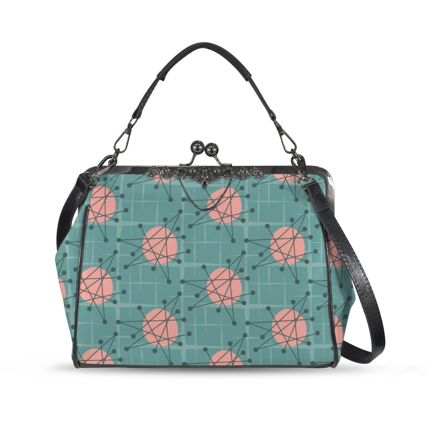 Mid Century Modern Atomic Starburst Teal Pink Kisslock Crossbody Purse - Mid Century Modern Gal