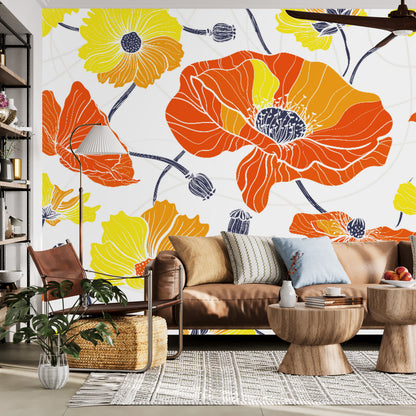 Vintage Poppy Orange Yellow Retro Florals, Mid Century Modern Wall Murals - Mid Century Modern Gal