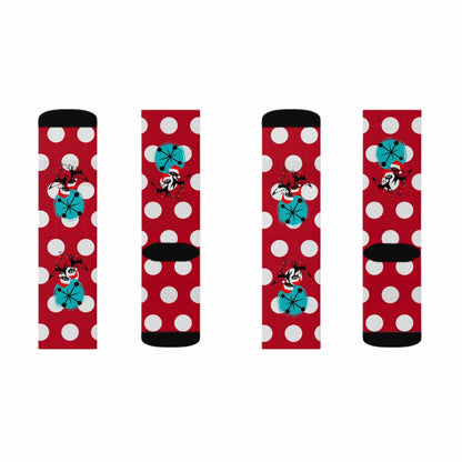 Christmas Socks, Red White, Polka Dot and Kitschy Crazy Atomic Cats  Socks All Over Prints