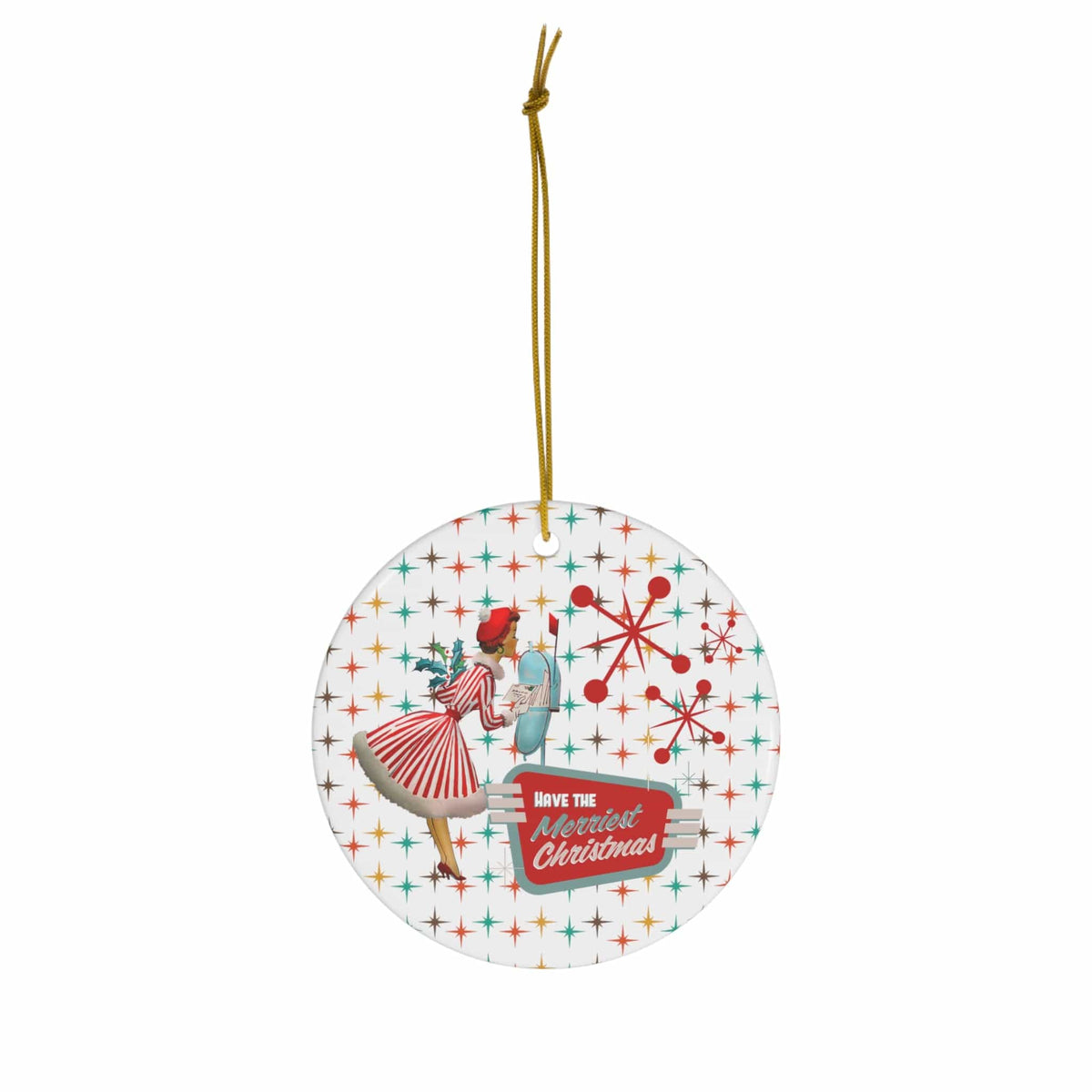 50's Atomic Christmas Party Gift ,Retro Kitschy Christmas Ceramic Ornament Home Decor Circle / One Size