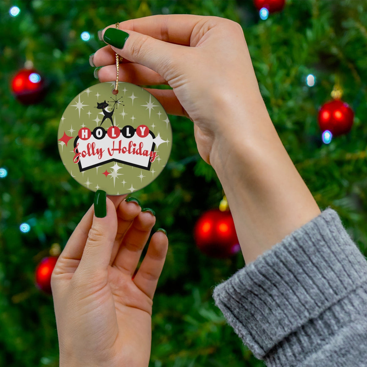50's Christmas Ornaments, Atomic Cat, Holly, Jolly Holidays, Atomic Starburst, Green, Black, Red,Ceramic Ornament Home Decor Circle / One Size