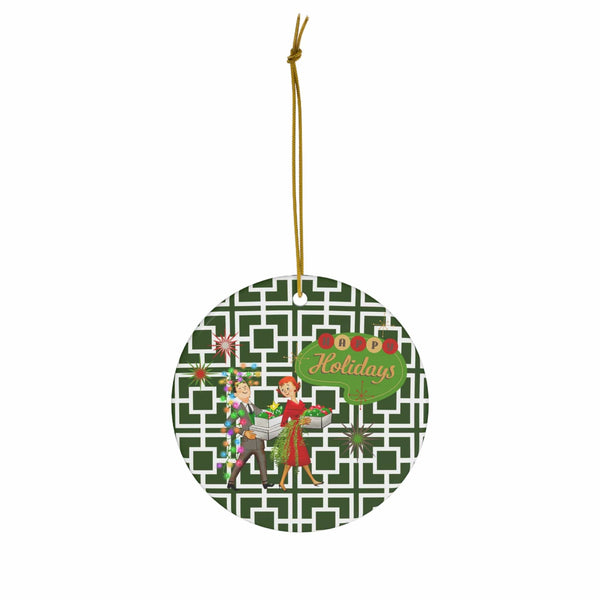 Mid Century Modern Christmas Ornament, Breezeblock Design, Happy Holidays, Retro Ceramic Ornament Gifts
