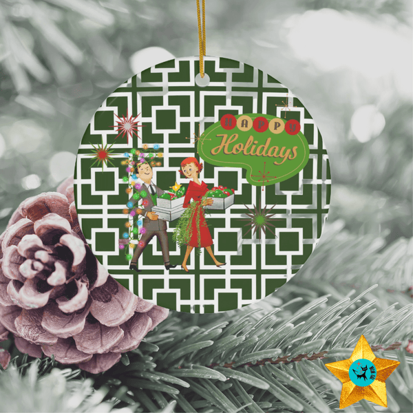 Mid Century Modern Christmas Ornament, Breezeblock Design, Happy Holidays, Retro Ceramic Ornament Gifts