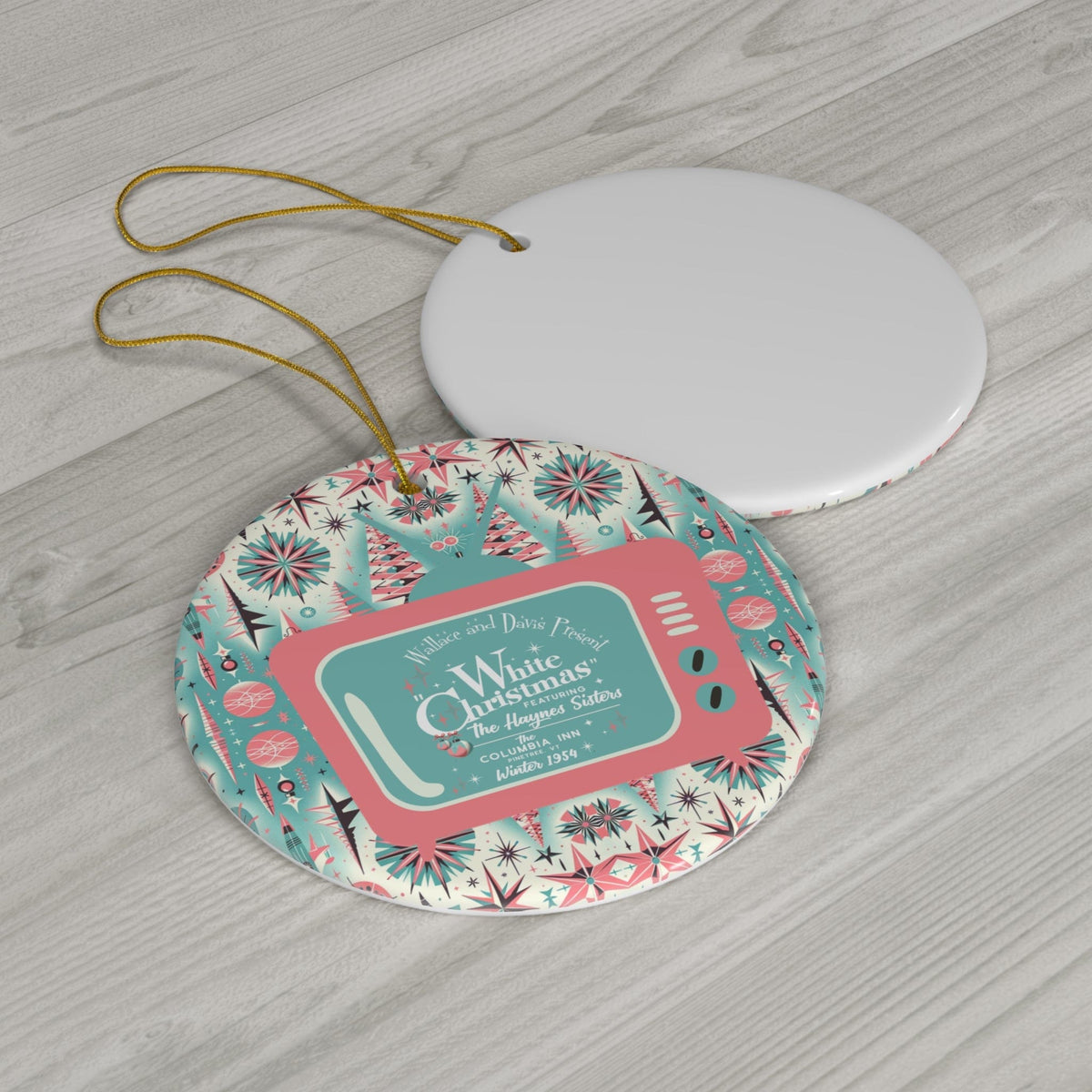 Wallace And Davis White Christmas 1950's Movie, MCM Aqua Blue, Pink Sputnik Starburst Ceramic Ornament Home Decor Circle / One Size