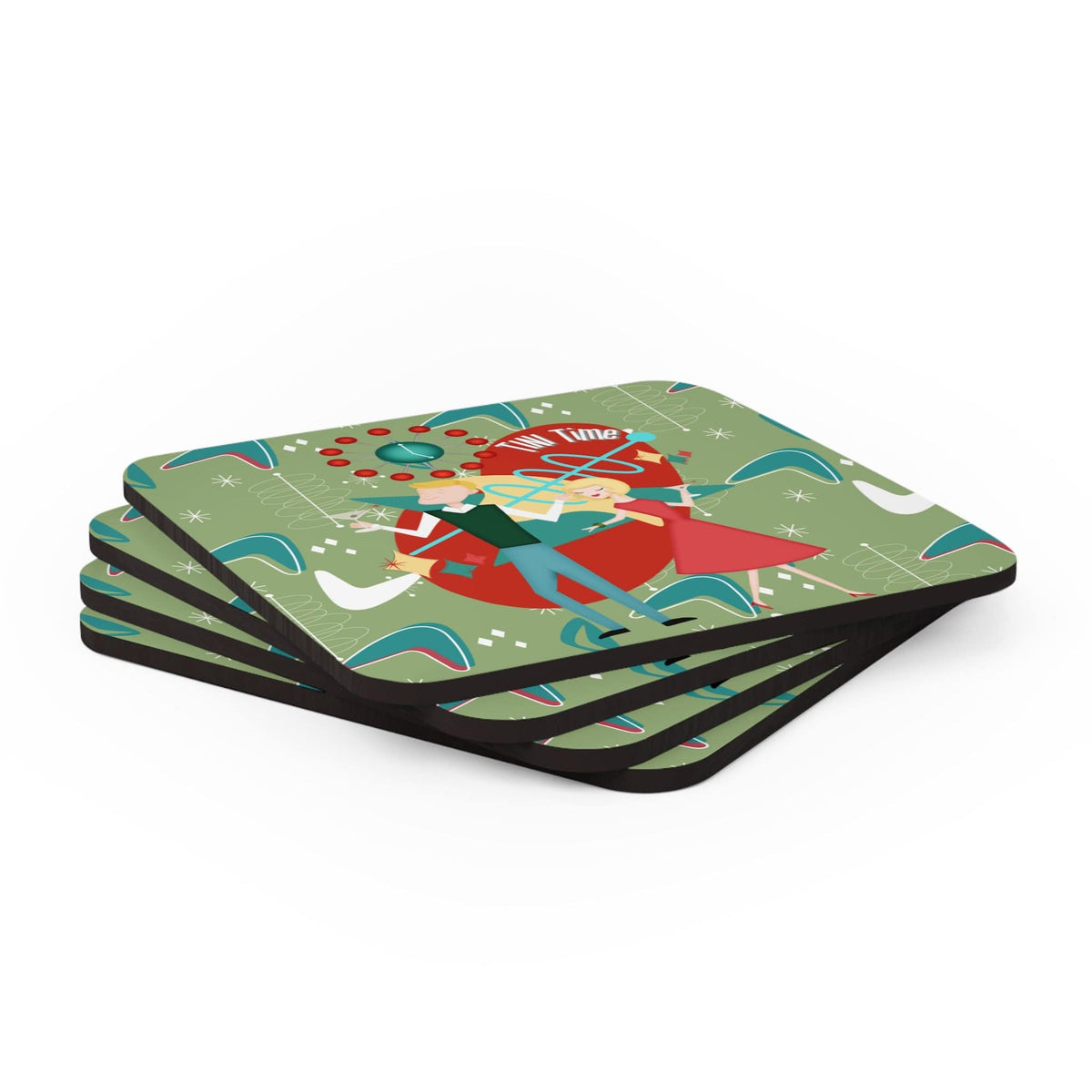 Atomic Cocktails Coaster Set, Martini Cocktail, Mid Century Modern Barware Kitschy Fun Corkwood Coaster Set Home Decor Cork / 3.75" × 3.75" / Square