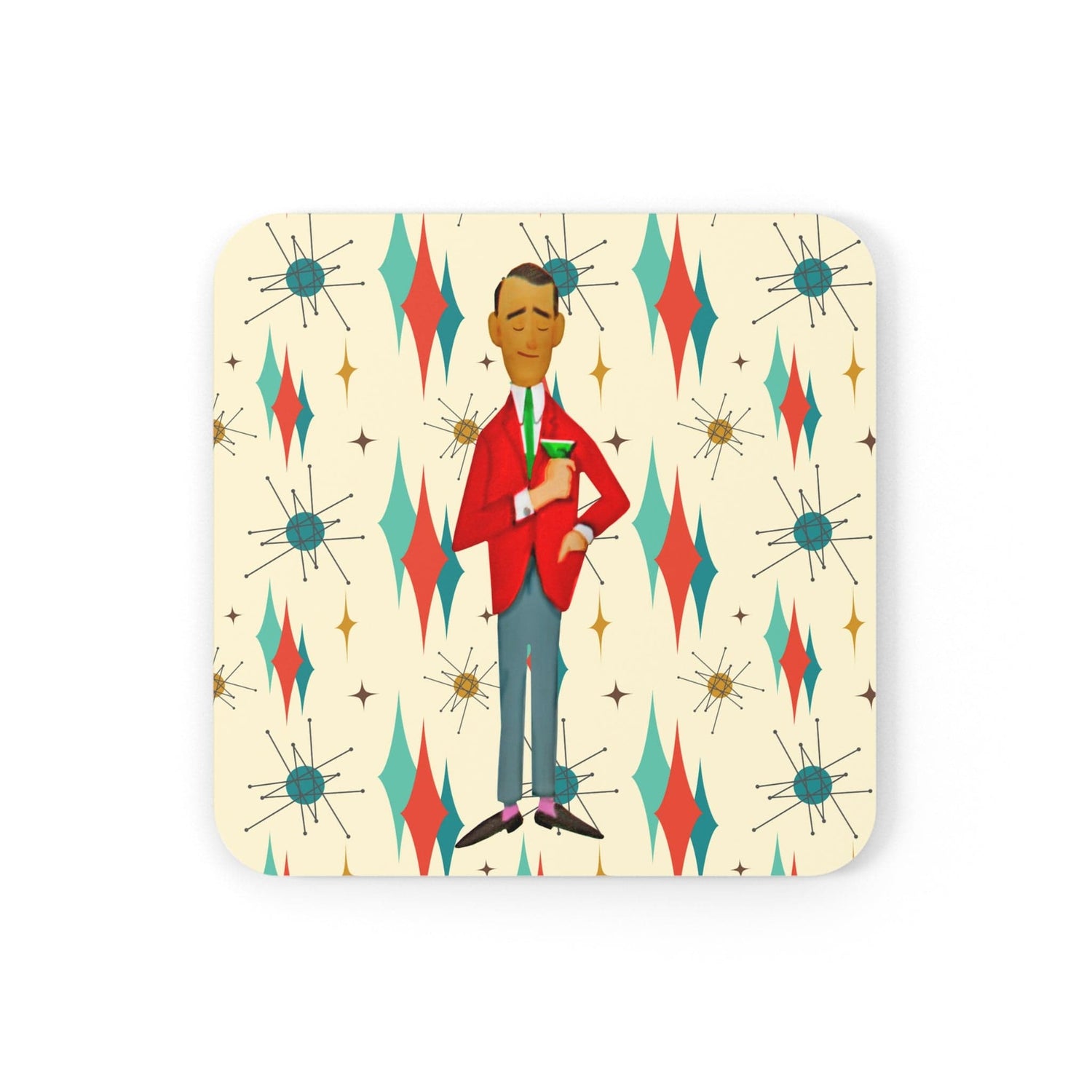 Mid Century Modern Franciscan Starburst, Retro Dude, Mod Man, Corkwood Coaster Set Home Decor Cork / 3.75&quot; × 3.75&quot; / Square