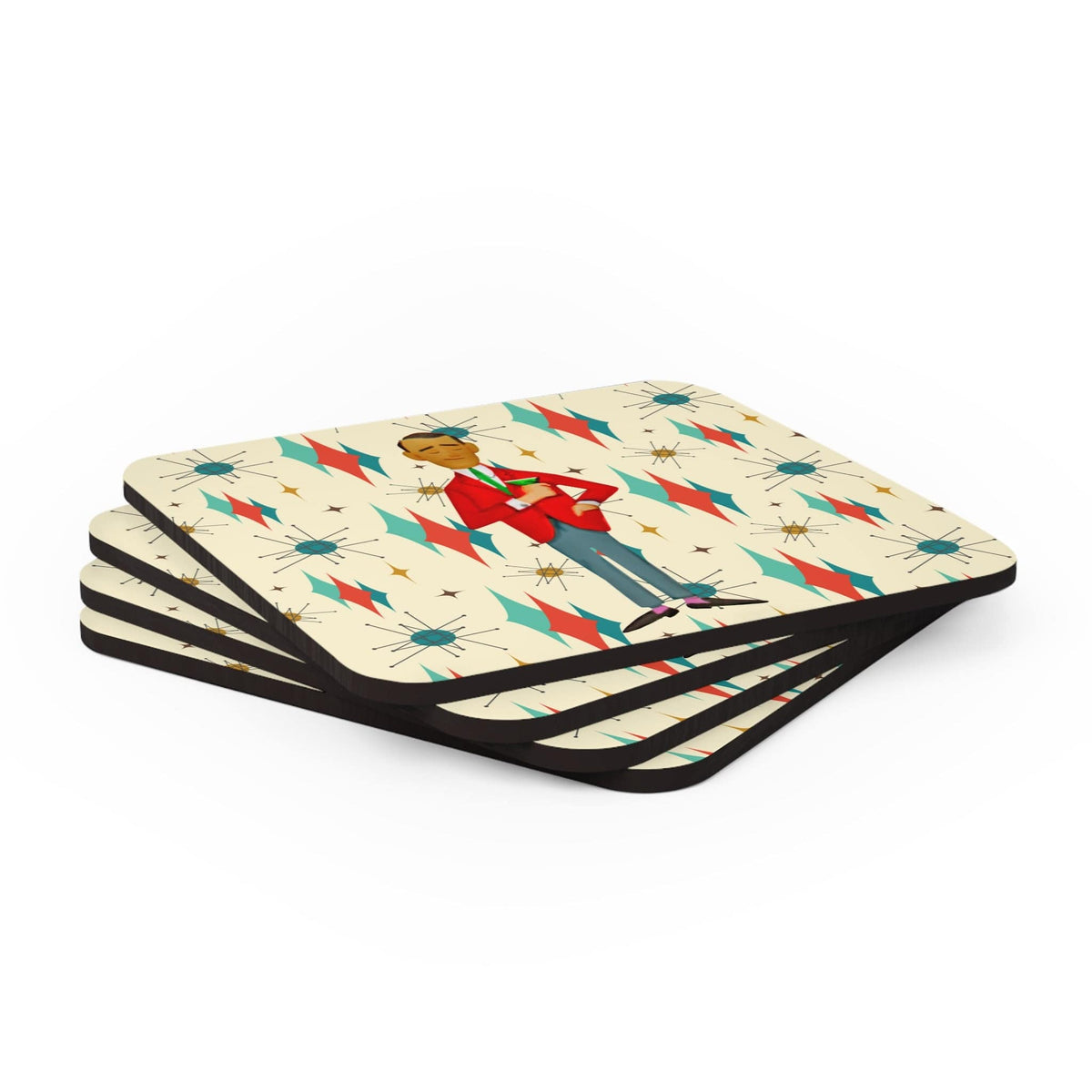 Mid Century Modern Franciscan Starburst, Retro Dude, Mod Man, Corkwood Coaster Set Home Decor Cork / 3.75" × 3.75" / Square
