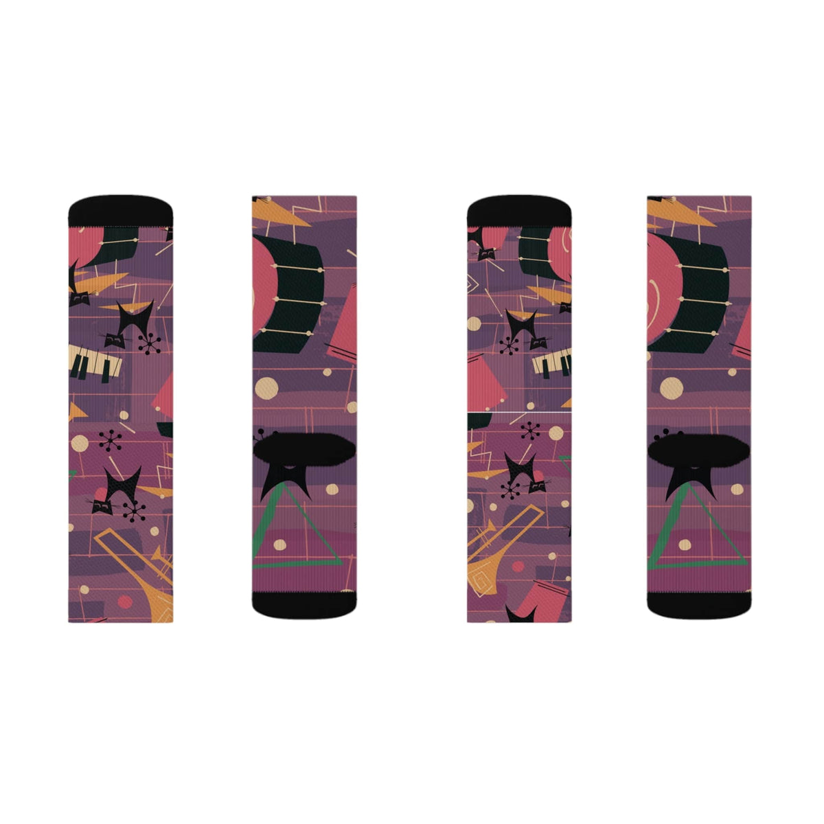 Crazy Socks, Atomic Jazz Cats, Retro Purple Music Socks All Over Prints