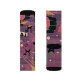 Crazy Socks, Atomic Jazz Cats, Retro Purple Music Socks All Over Prints