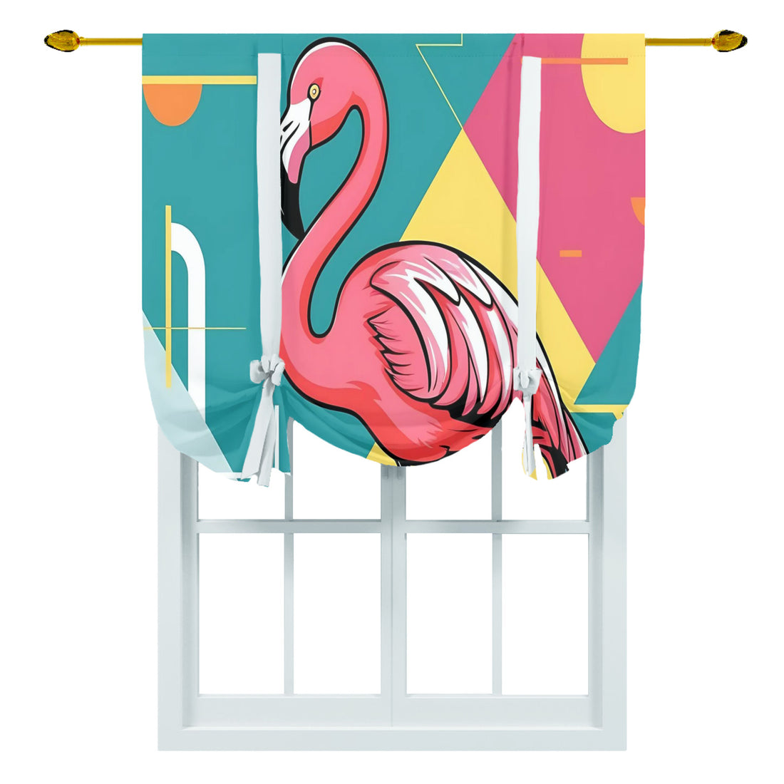 Palm Springs Flamingo Mid Century Modern Pink, Teal Yellow Cheery Tie Up Curtain - Mid Century Modern Gal