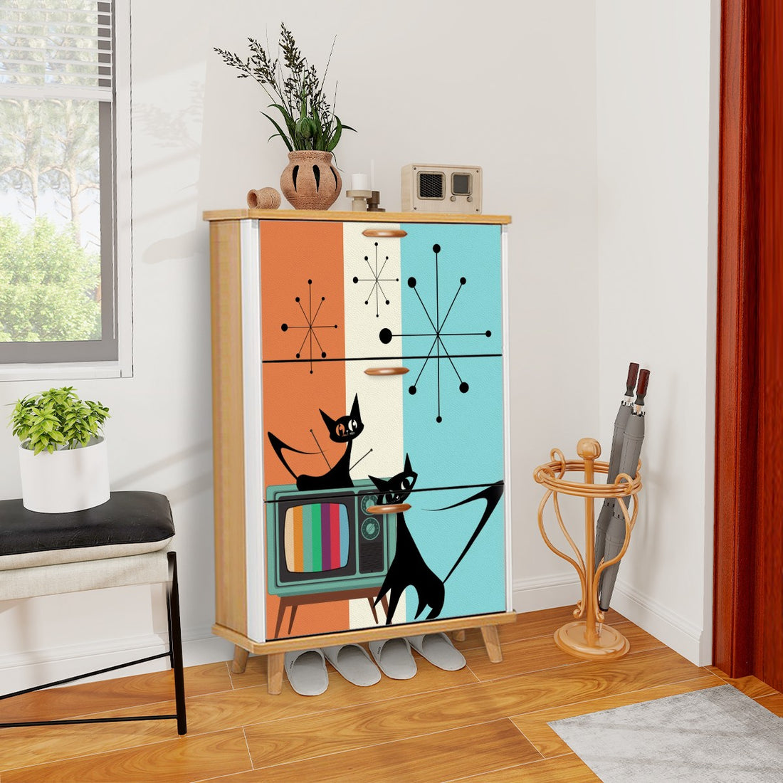 Atomic Cat Mid Century Modern Designed Kitschy Mod Fun Quirky Shoe Cabinet