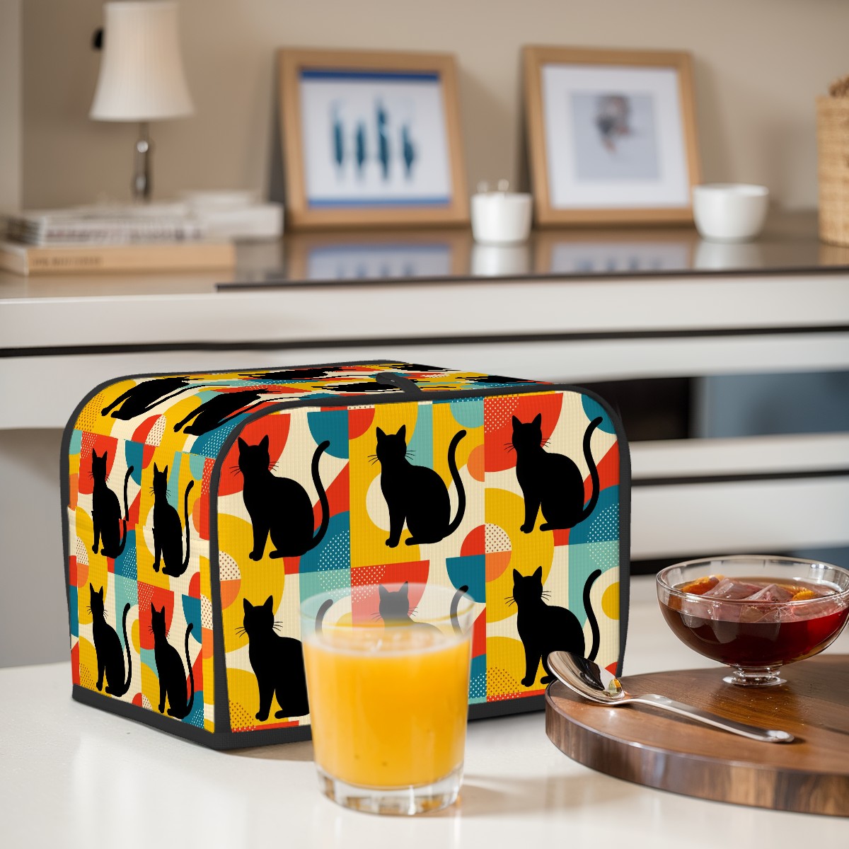 Pop Art Black Atomic Cats, Red Blue Yellow 2 Slice Toaster Cover - Mid Century Modern Gal