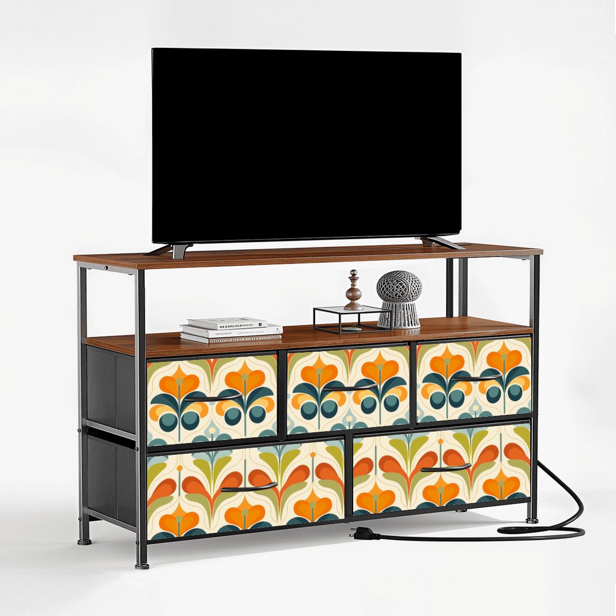 Mid Century Modern Groovy Retro Floral, Orange Green, Blue TV Stand Media Console - Mid Century Modern Gal